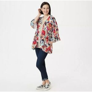 LOGO by Lori Goldstein Colorful Floral Knit Cardy Size Large, stretch